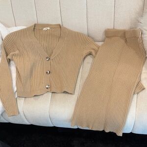 Women's Tan Knit Cardigan and Skirt Set